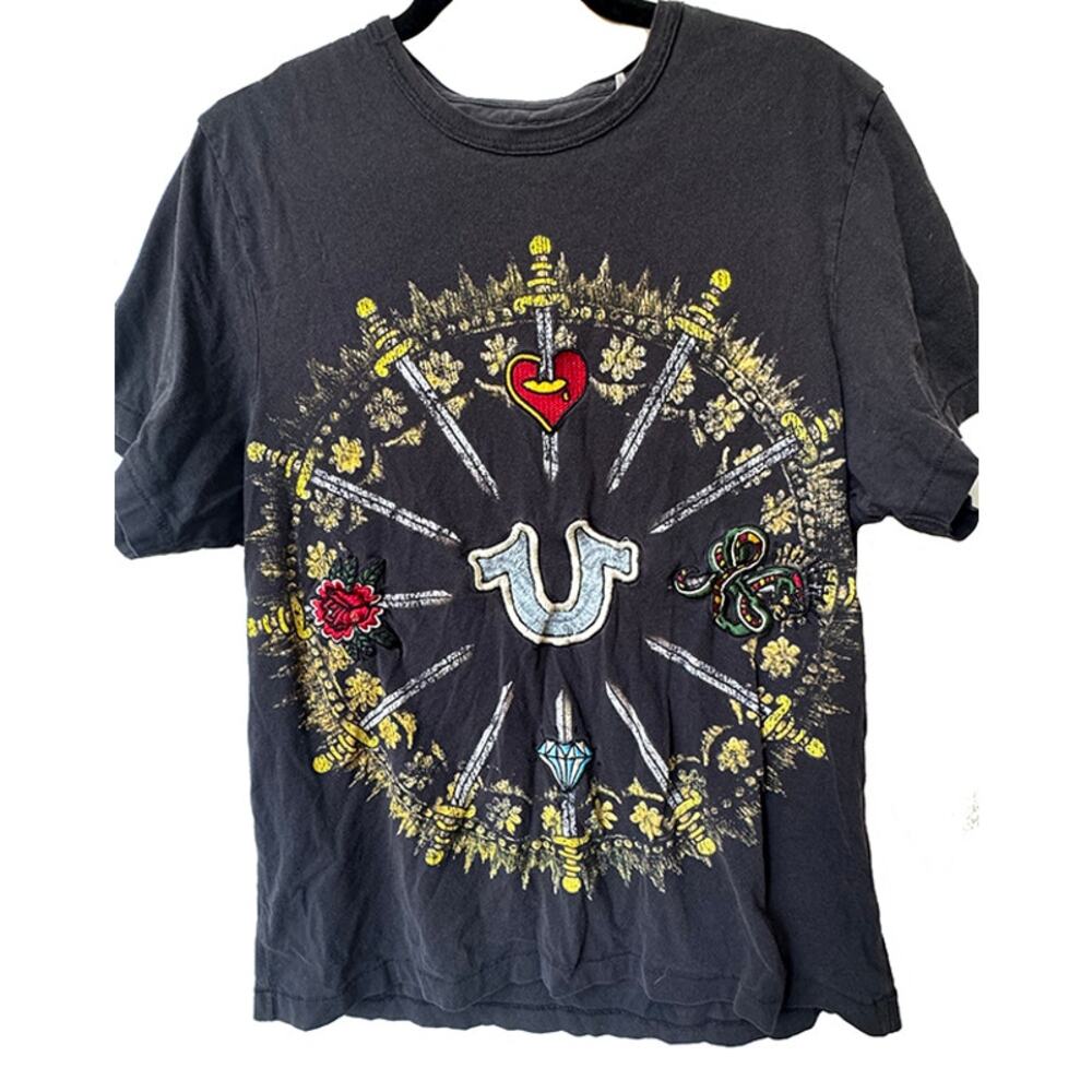 Vintage True Religion Men's Gothic‎ Sword Embroidered Graphic Print T-Shirt